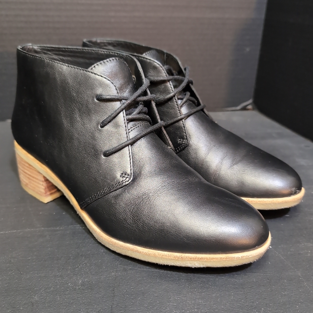 Clarks Black Ankle Boots with Tan Heel